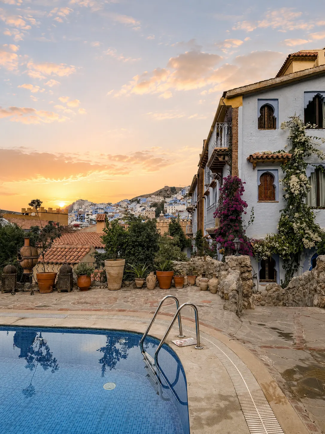 Riad terrace with pool overlooking the blue city at sunset
