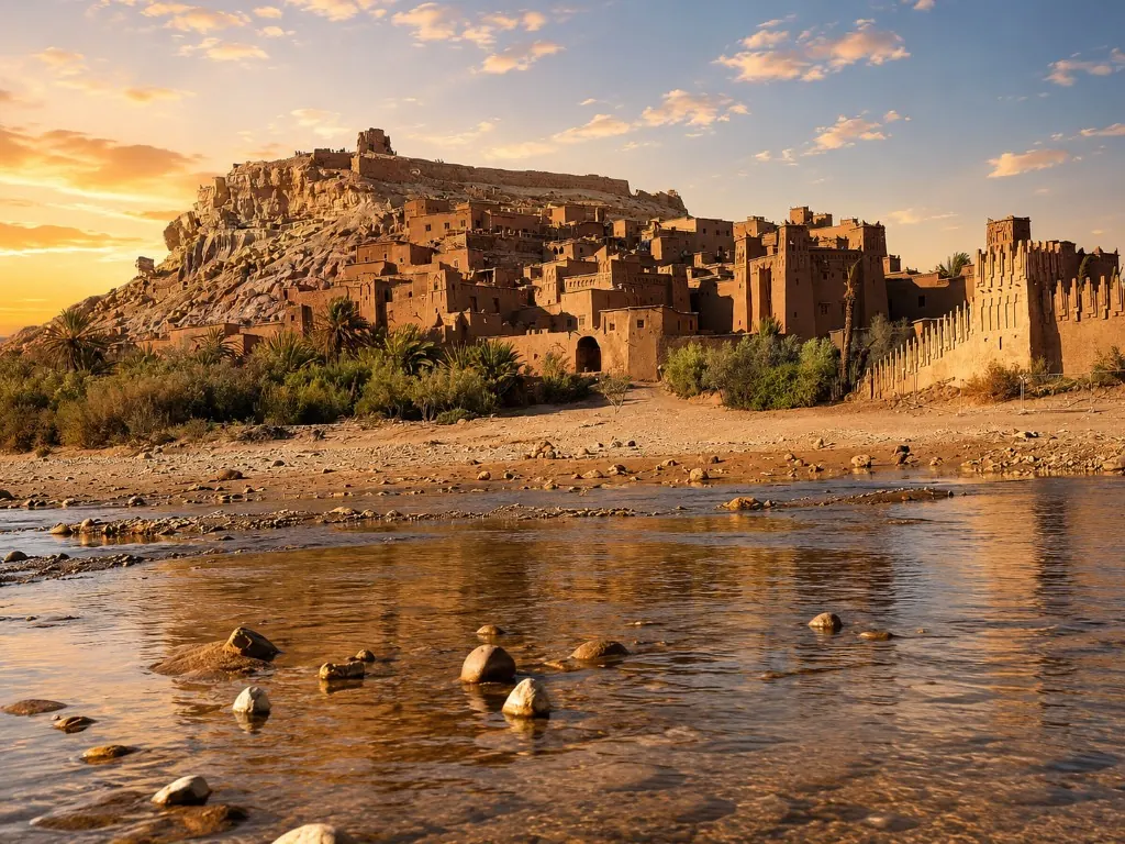 The ksar of Ait Ben Haddou glowing at golden hour above the Ounila river