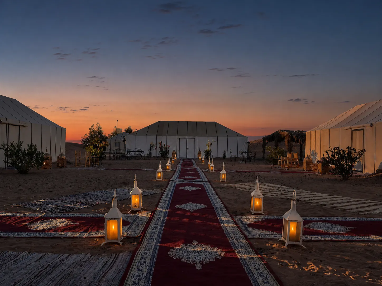 Luxury desert camp pathway lit with lanterns at dusk