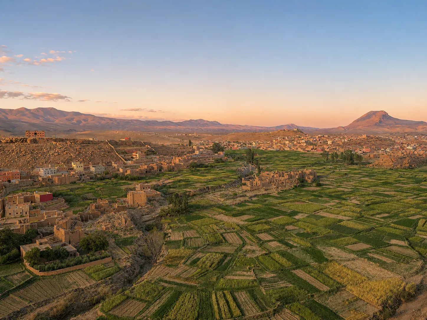 Draa Valley patchwork fields bathed in golden hour light