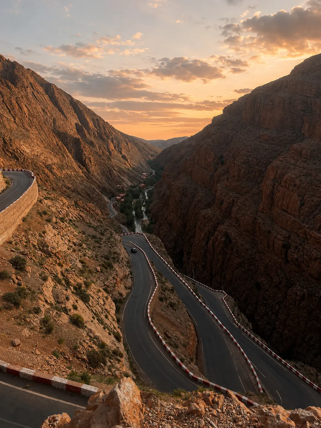 The winding road through the Dadès Gorge carved through red-ochre cliffs at sunset