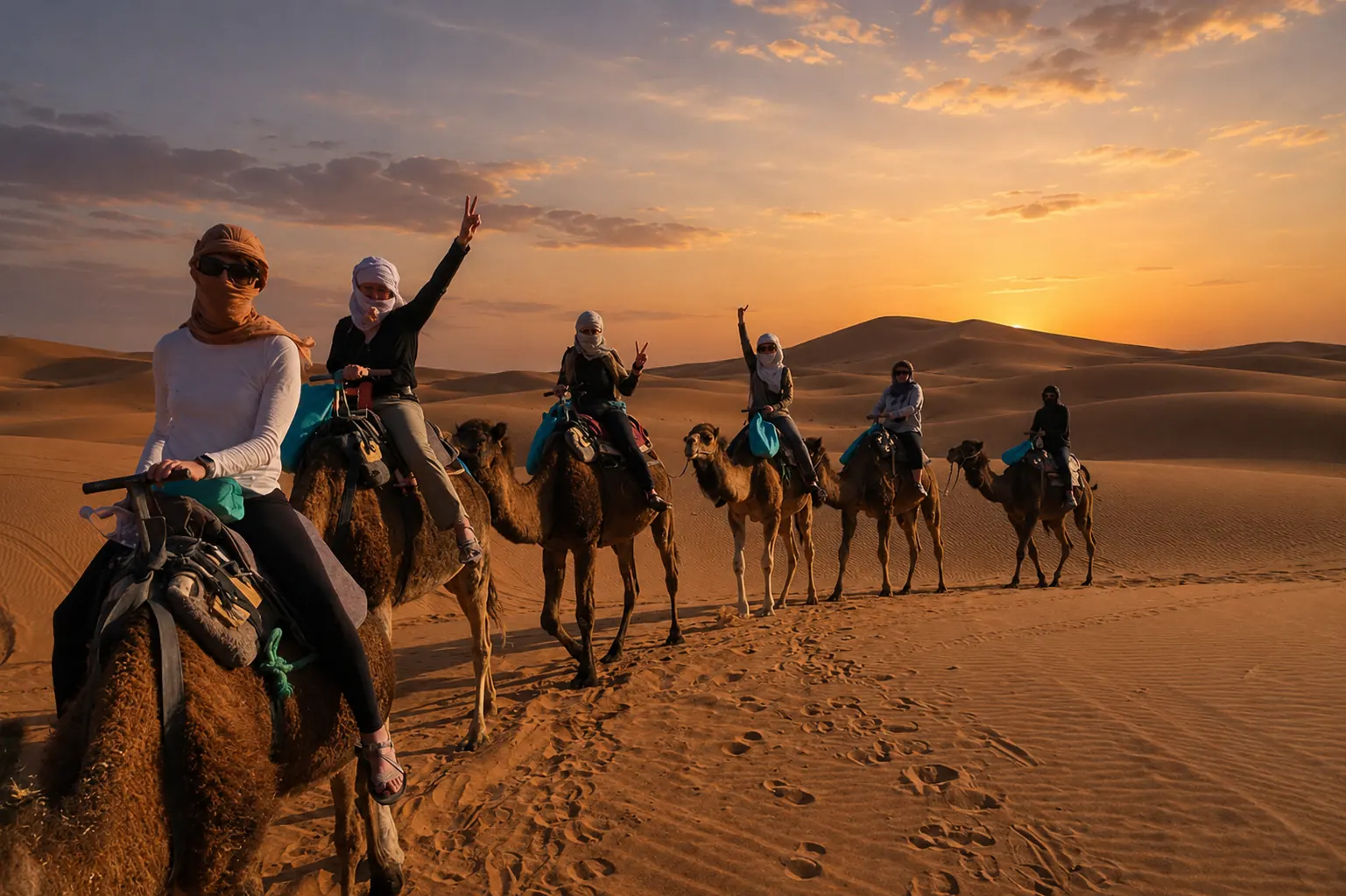 Group of travellers on camels at sunset in the Sahara