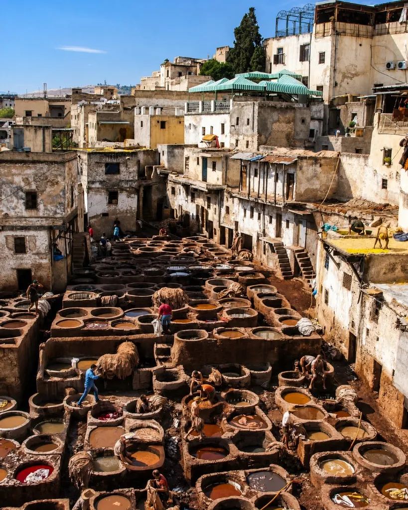 Workers processing hides in the Chouara tanneries of Fes el-Bali