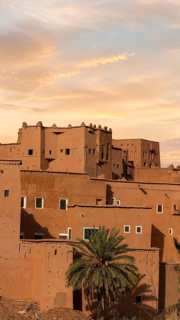 Traditional kasbah architecture with a palm tree at golden hour