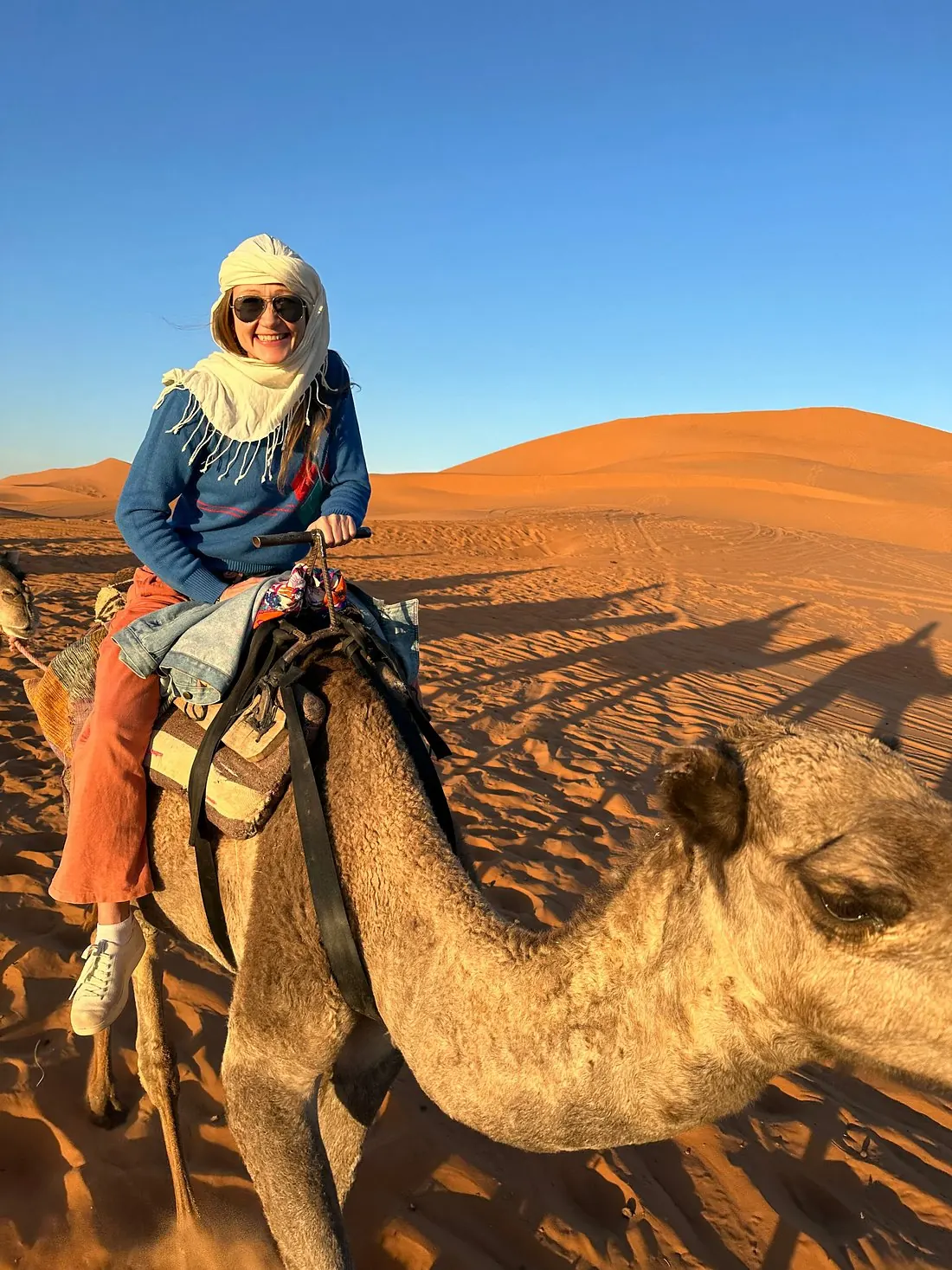 A traveller with a camel on golden Sahara dunes, dressed in light layers and a scarf