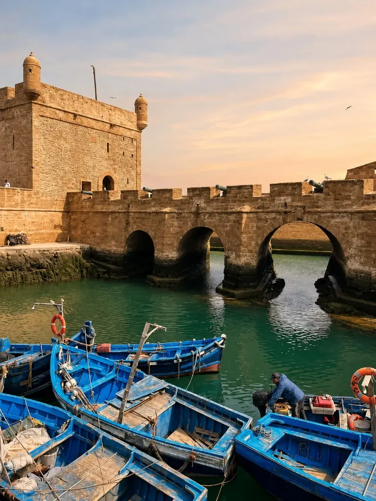 Blue fishing boats in the Essaouira harbour with the historic stone fortress and ramparts at sunset