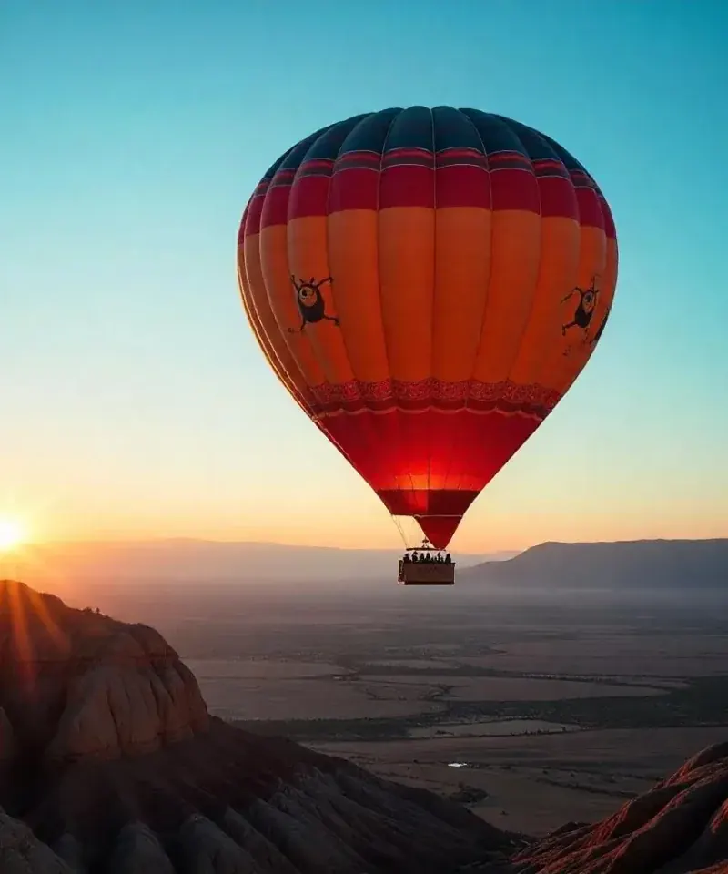 Red and orange hot air balloon rising against the Atlas Mountains at sunrise