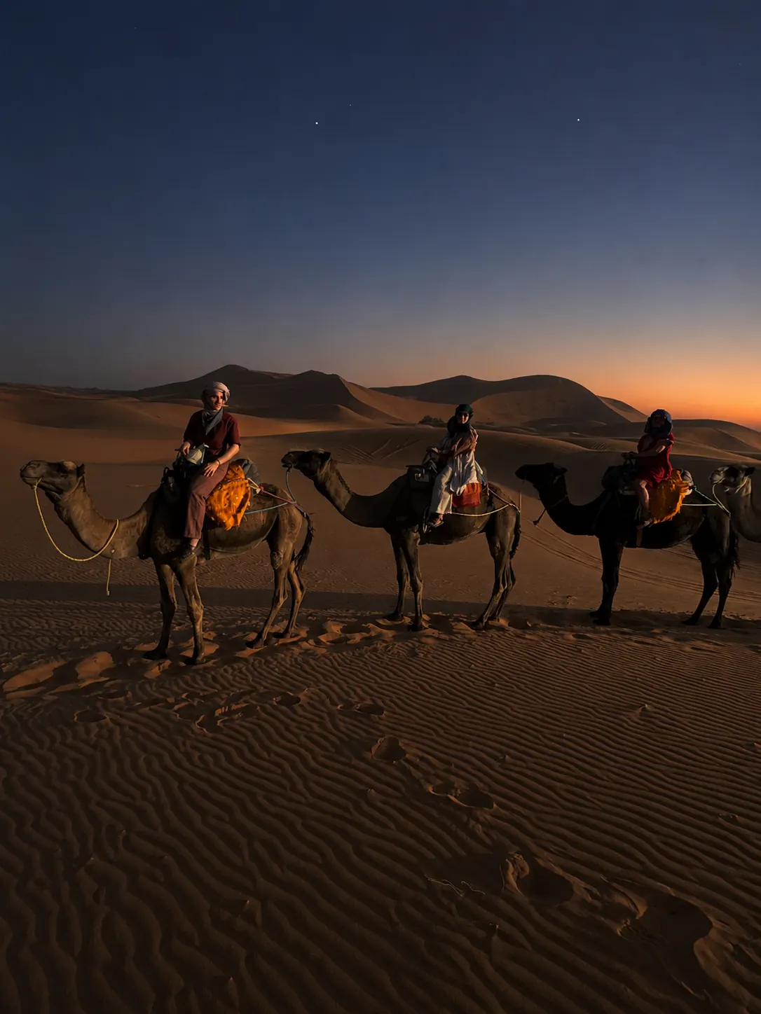 Three camels and riders at dusk near the Erg Chebbi dunes