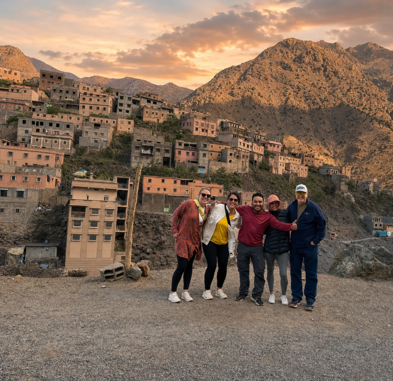 Group of travellers with guide at a Berber mountain village at sunset
