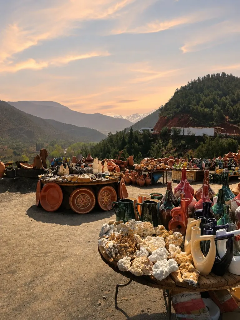 Roadside pottery and mineral stall overlooking the Ourika Valley at sunset