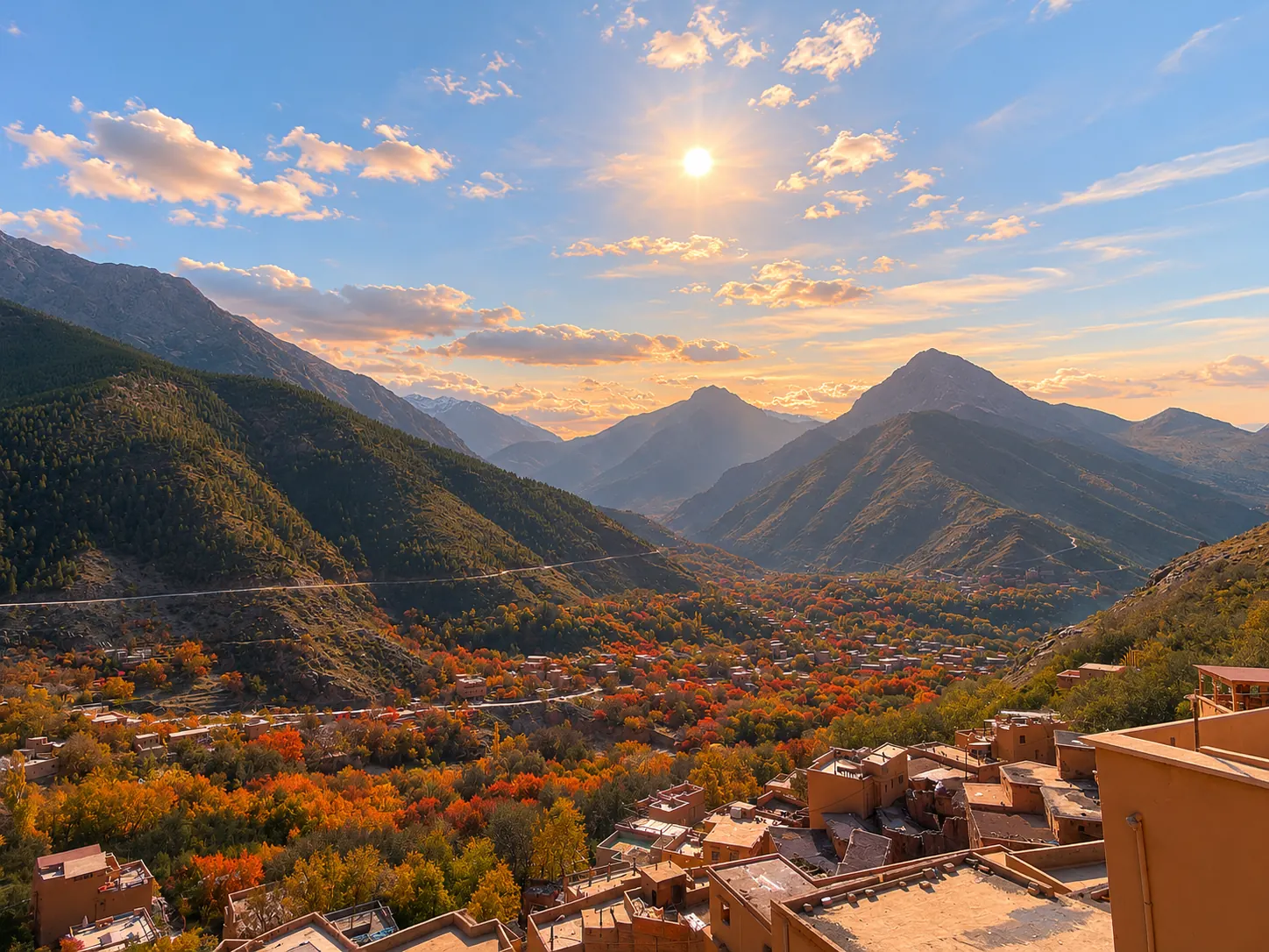 Ourika Valley panorama at golden hour with autumnal trees and mountain backdrop