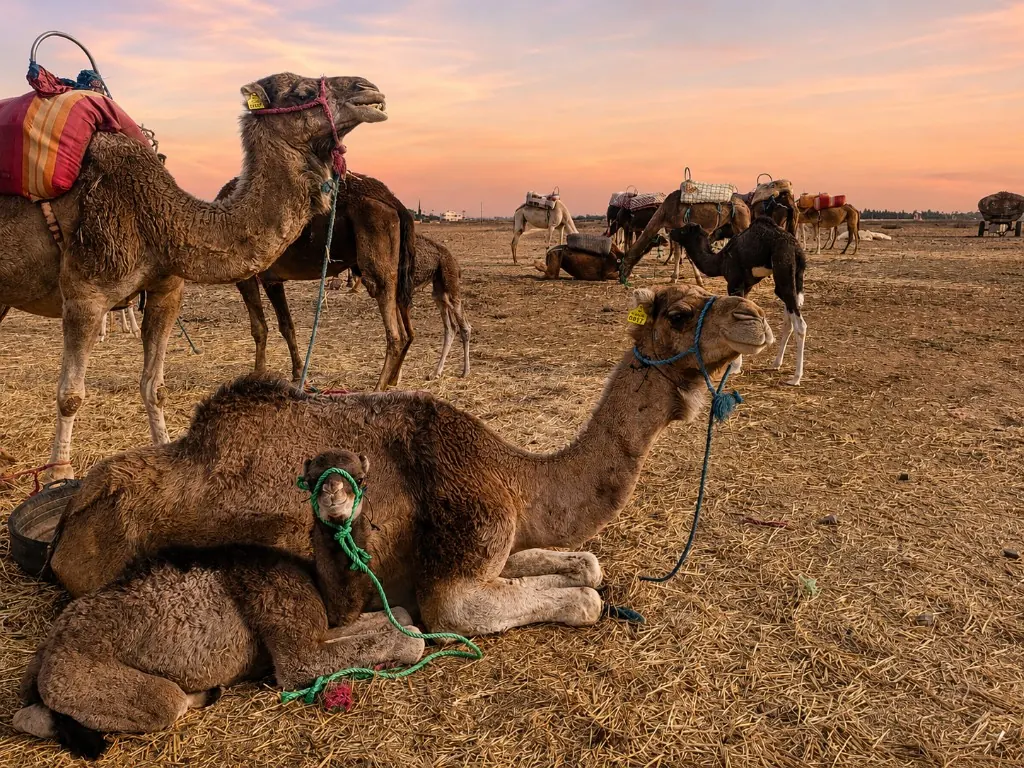 Camels resting in the field at sunset with a baby camel beside its mother